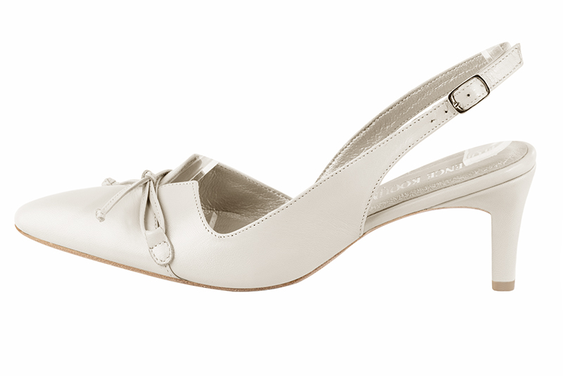 Off white women's open back shoes, with a knot. Tapered toe. Medium comma heels. Profile view - Florence KOOIJMAN